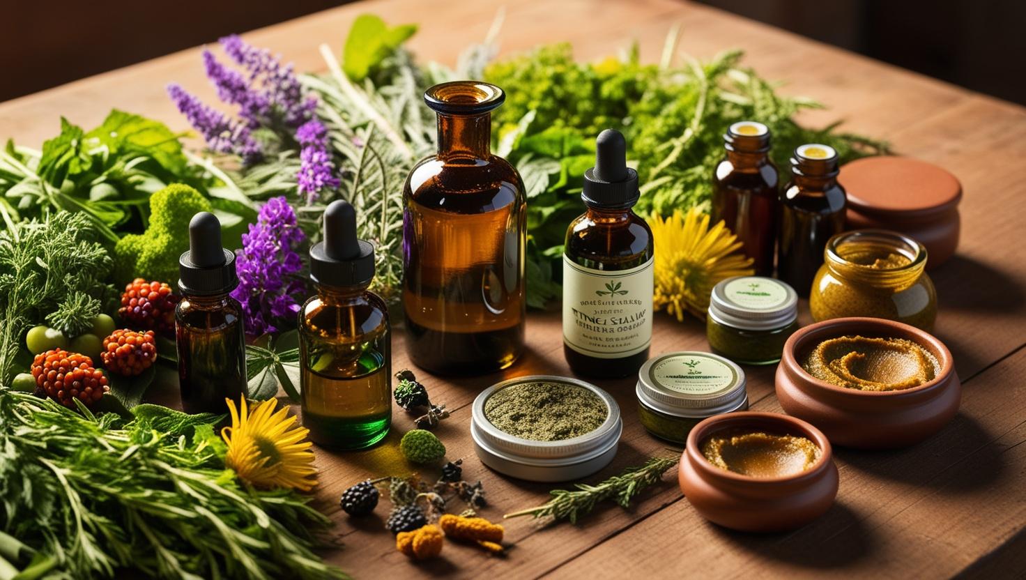 a collection of medicinal herbs, tinctures and salves