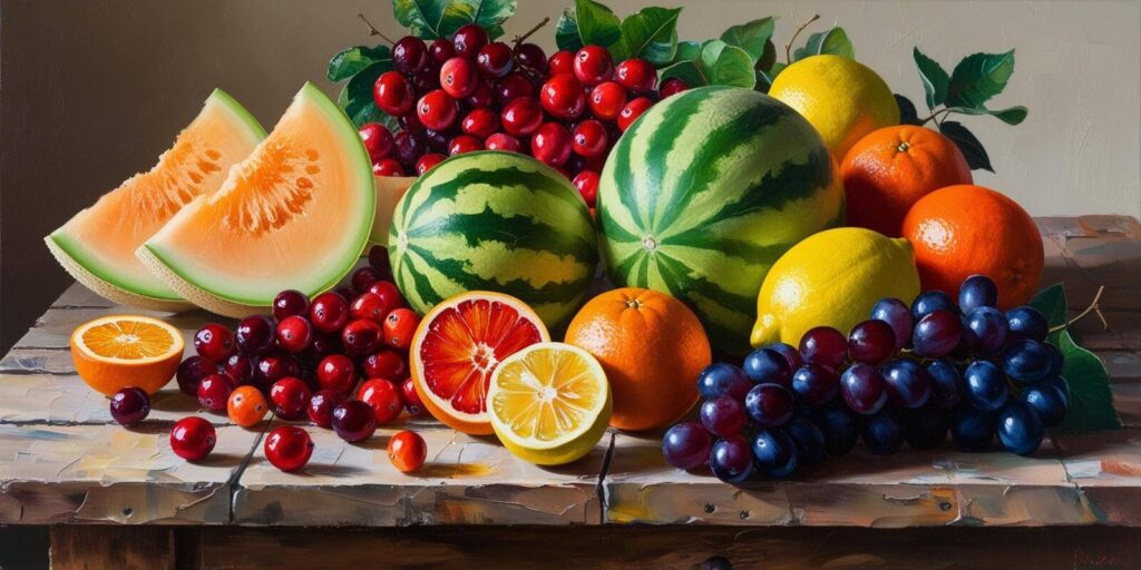 a collection of fruit, melons, cranberries, citrus and grapes (1)