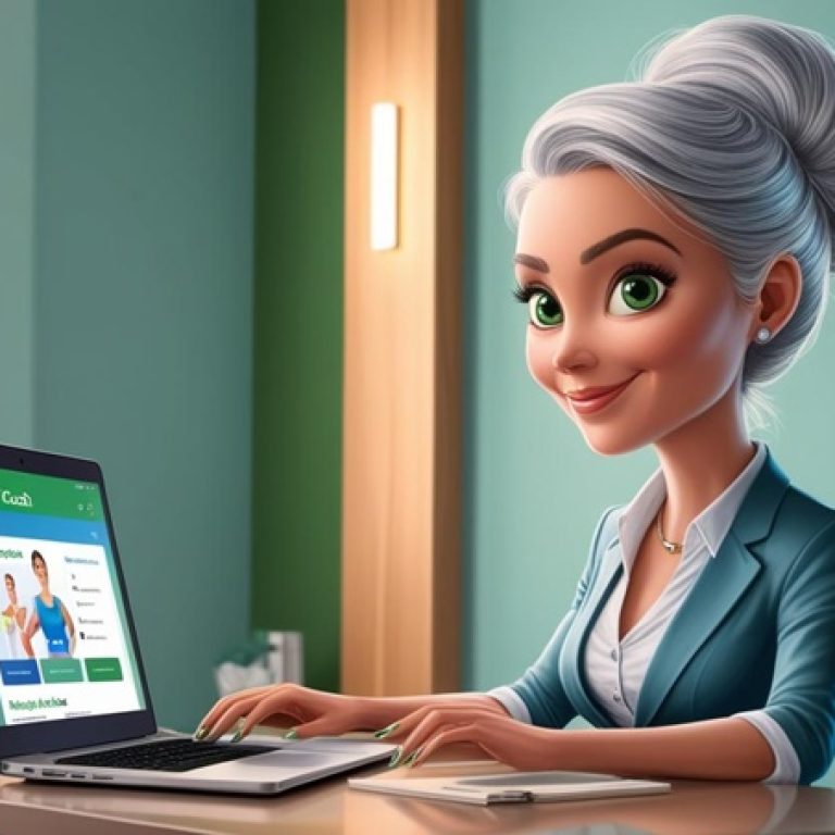Health Coaching sitting at a desk with an open laptop illustration with a female coach with silver hair and big green eyes (1)2