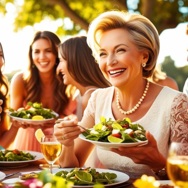friends at a outdoor party, one middle-aged lady eating salad enjoying herself